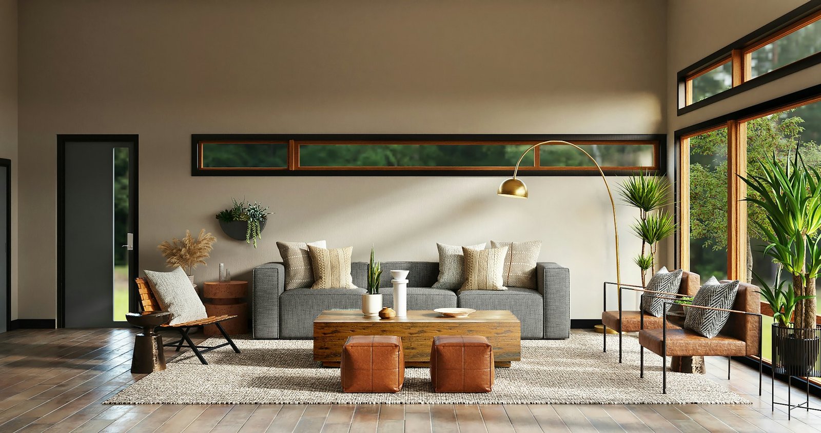 Sala con piso de madera, tapete y ventanales